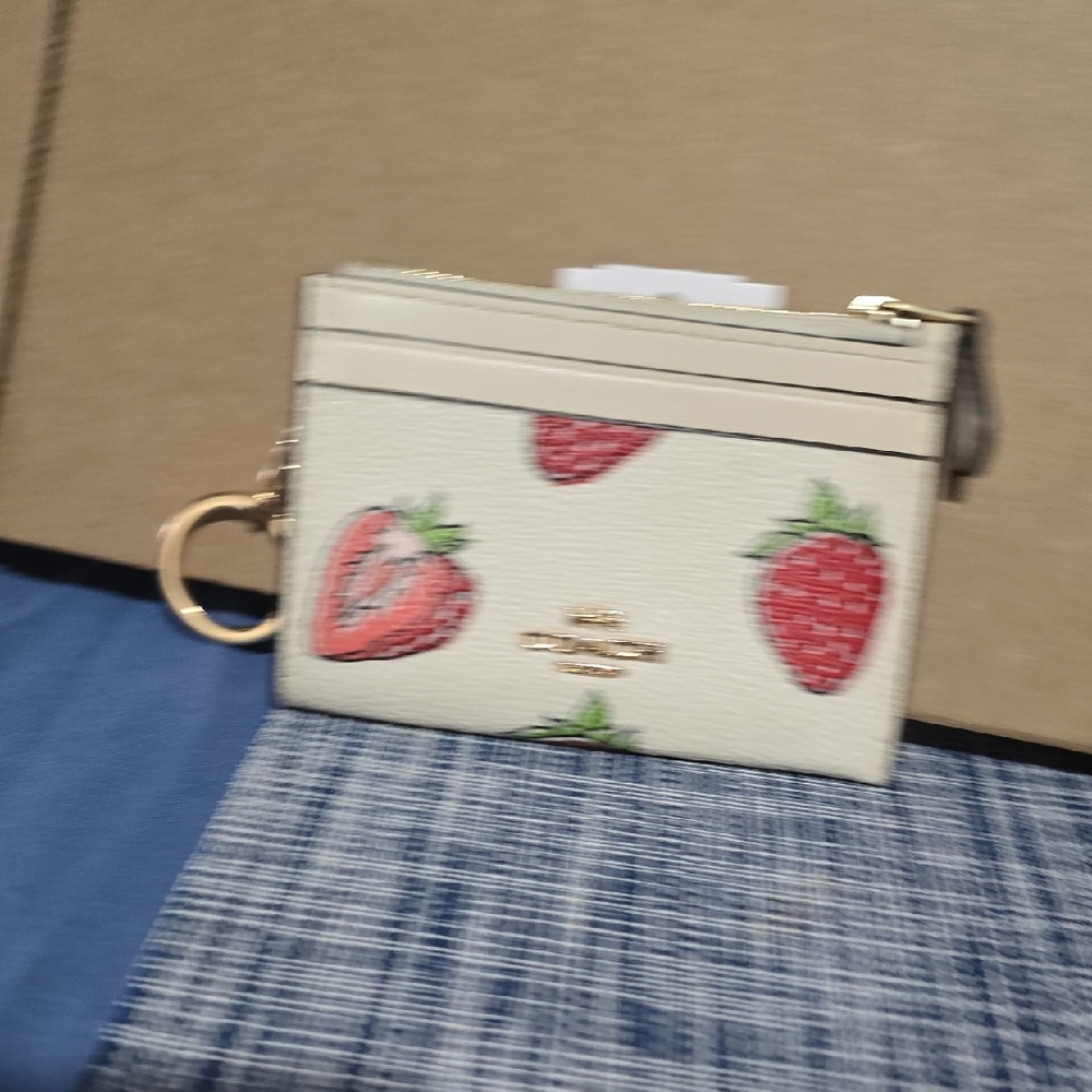 Coach White Strawberry Card Case Wallet with Gold Hardware